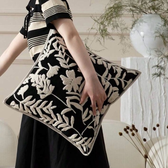 Black and White Textured Floral Throw Pillow Cover - Picture 6 of 7